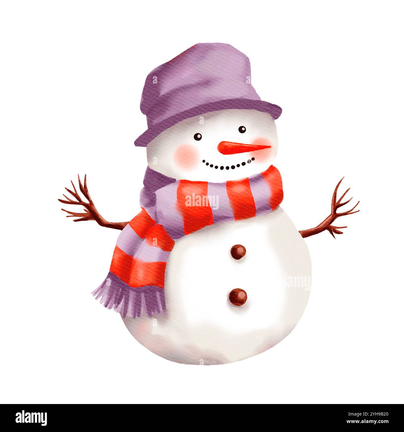 Cute and charming smiling snowman in hat and scarf. Digital watercolor ...