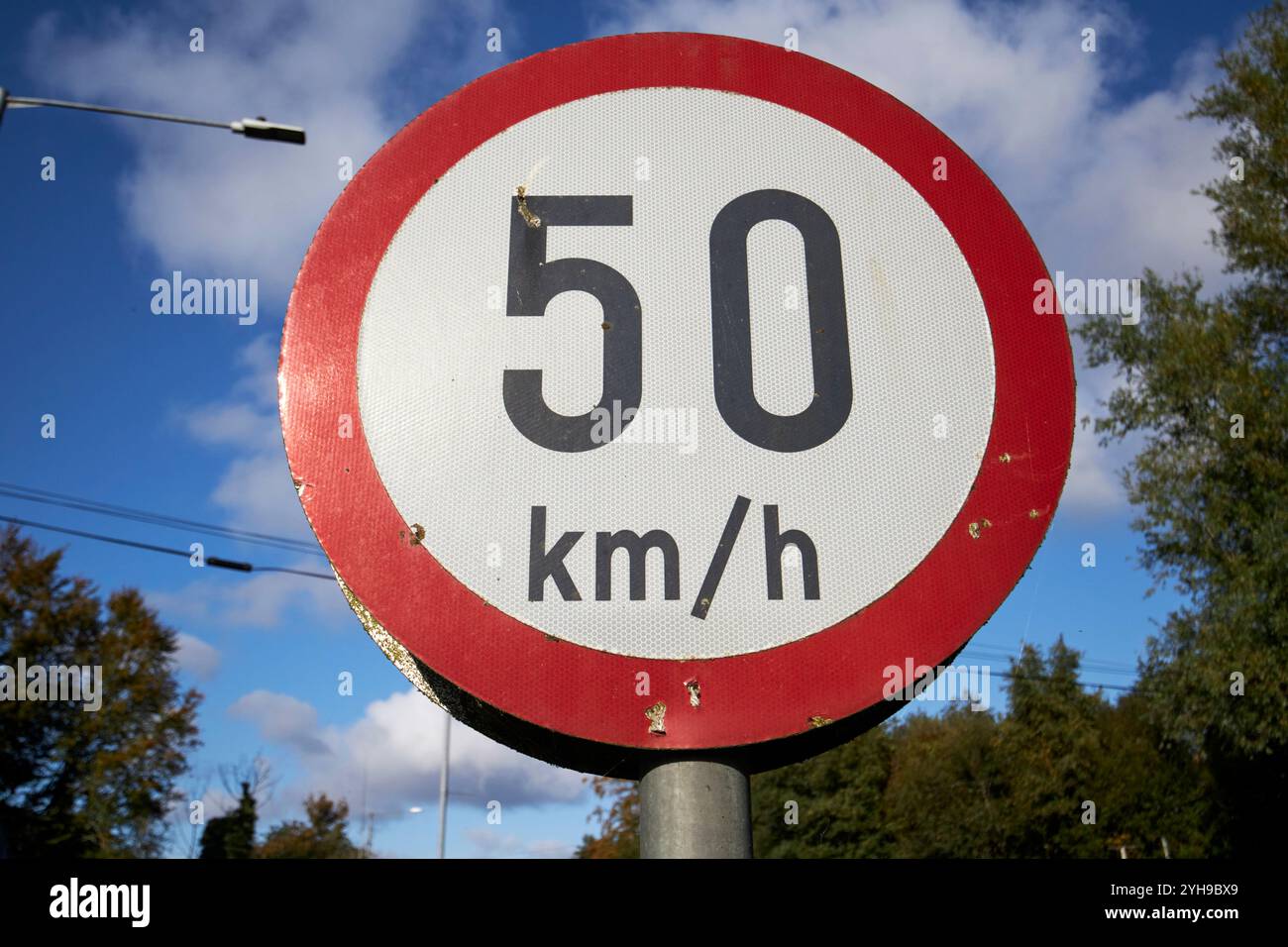50 km/h roadsign in a small town, county donegal, republic of ireland Stock Photo