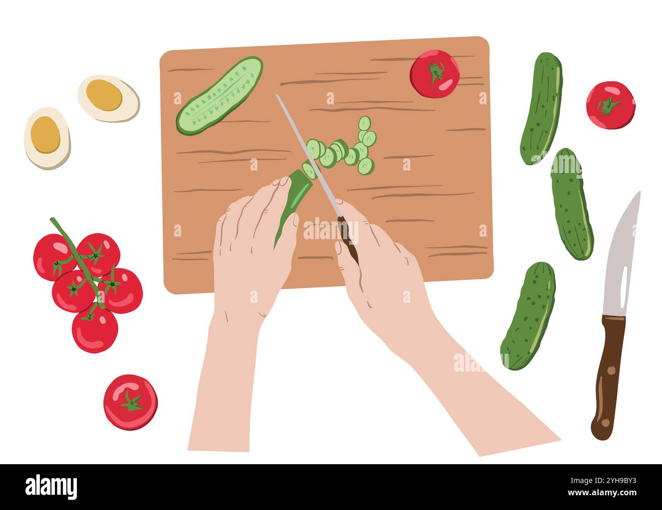 Cooking food, top view. Slicing cucumbers, tomatoes, ingredients preparation from above. Chefs hands preparing meal, dish, eating, pizza and sandwiche Stock Vector