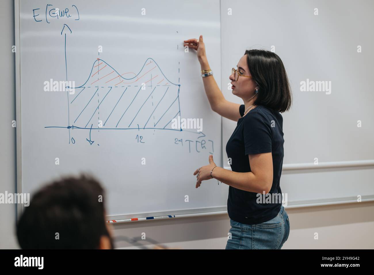 Female teacher explaining graph on whiteboard in classroom lesson Stock Photo