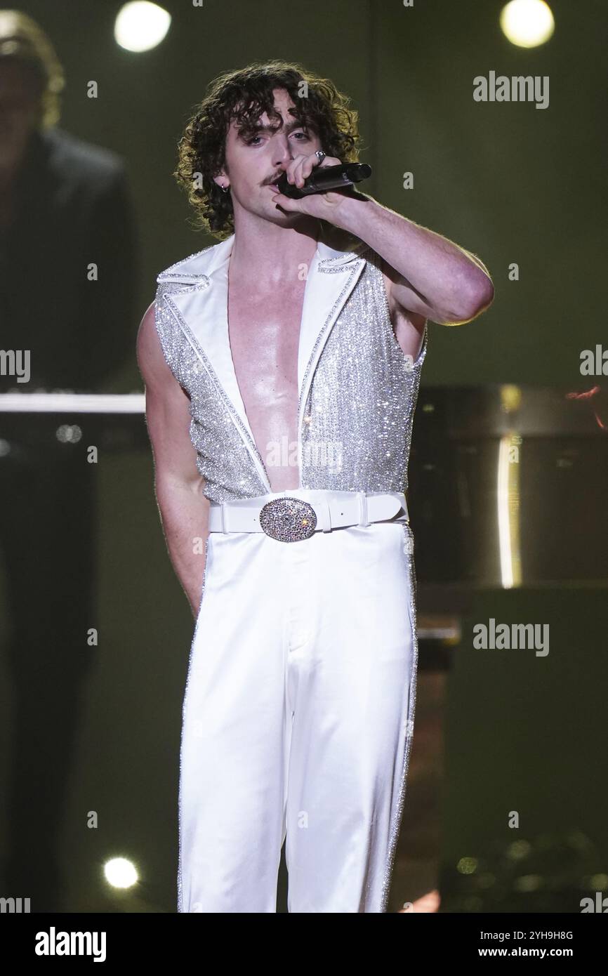 Benson Boone performs on stage at the MTV Europe Music Awards 2024 at