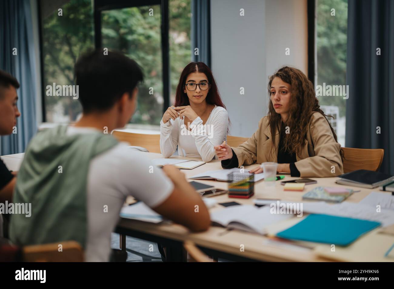 Group of students engaged in a collaborative study session Stock Photo