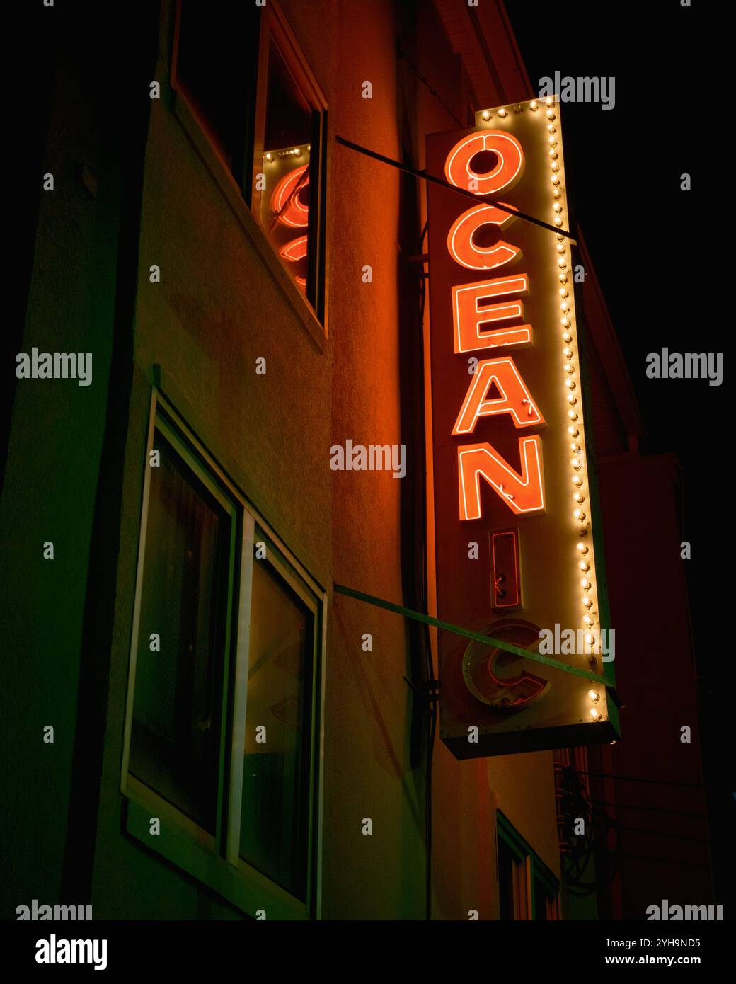 Brightly lit neon sign at the Oceanic Hotel, Wildwood, New Jersey. Stock Photo