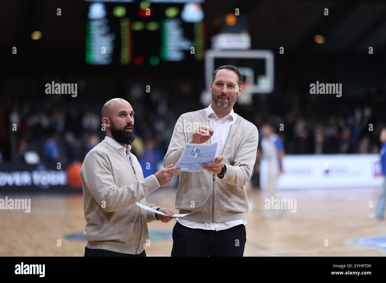 Steven Esterkamp(Eisbaeren Bremerhaven, Trainer und Davide Bottinelli (Eisbaeren Bremerhaven, Co-Trainer) freuen sich über den Sieg  PS Karlsruhe Lions vs Eisbaeren Bremerhaven, Basketball, 2. Liga/ProA, Spielzeit 2024/2025, 9. Spieltag, 10.11.2024  Foto: Eibner-Pressefoto/Achim Kunetka Stock Photo