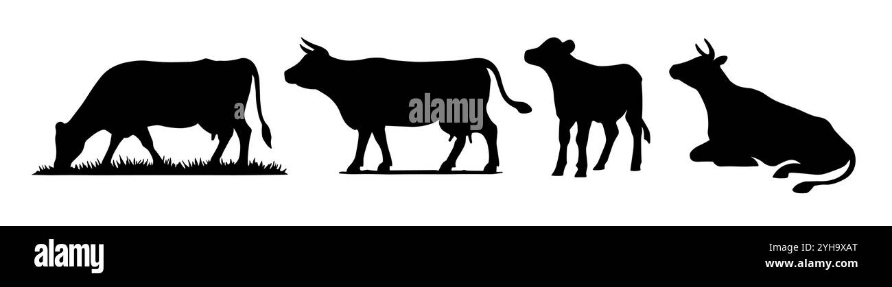 Dairy farm cow vector silhouette icon. Beef cattle cow animal farmer ...