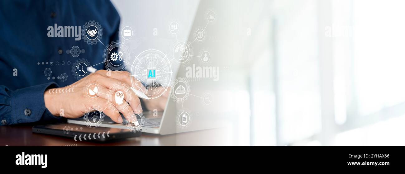 AI Artificial Intelligence. Business woman using AI technology for data analysis, coding computer language with digital brain, machine learning on vir Stock Photo