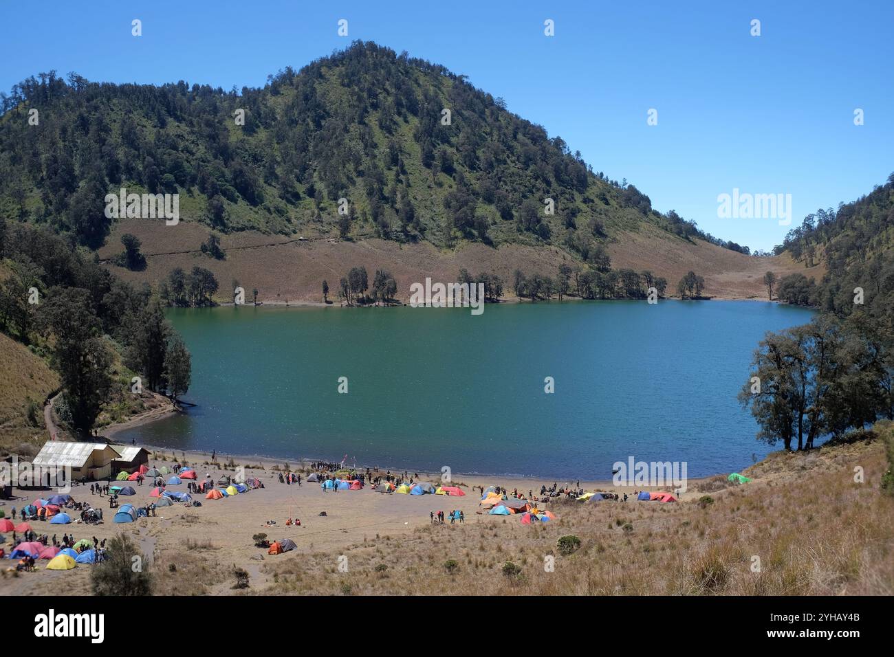 Morning atmosphere in Ranu Kumbolo, a freshwater lake located at an ...