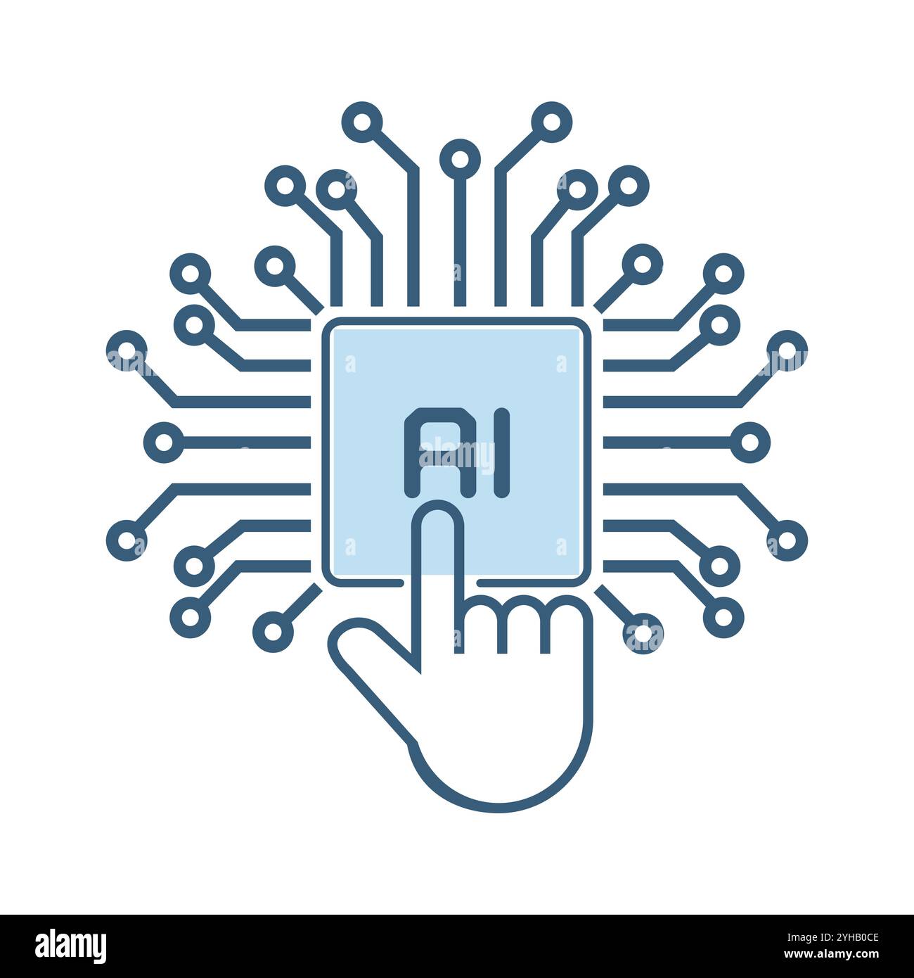 hand line touching on a chip of circiut system symbol, icon, for robotic machine technology used in AI innovation icon design, and lines of processing Stock Vector