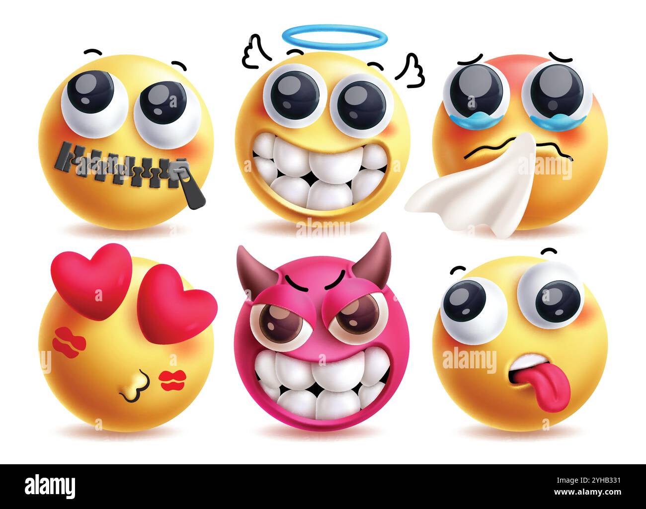 Dumb emoji vector characters set. 3d emojis like quiet, angel, sneezing, in love, devil and tired facial expression clip art character in white Stock Vector