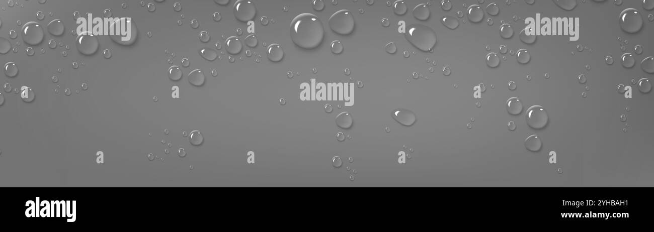 Water droplets scatter on glass window or smooth gray surface. Clear crystal spheres and puddles of various size reflecting light on dark background. Realistic 3d vector banner with raindrops. Stock Vector