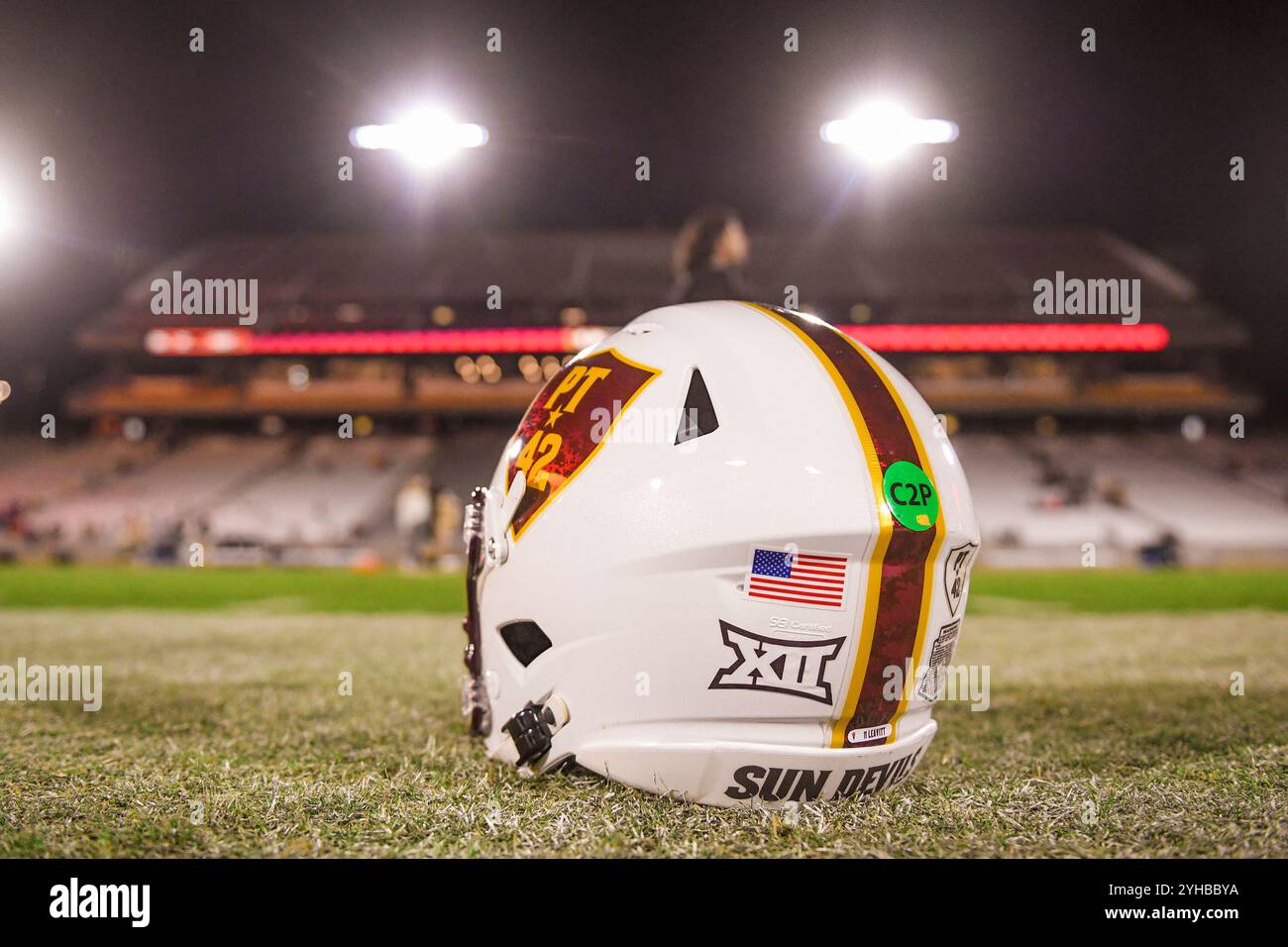 Arizona State Sun Devils helmet sits at midfield after an NCAA football game between the Arizona State Sun Devils and the Central Florida Knights in T Stock Photo