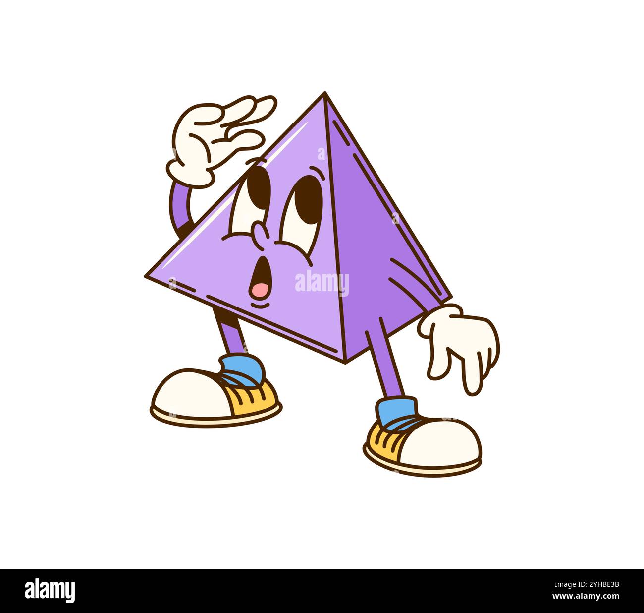 Groovy math geometric pyramid figure character. Isolated cartoon vector playful and lively educational shape personage wearing hippie sneakers and showing fun, mischievous or surprised expression Stock Vector
