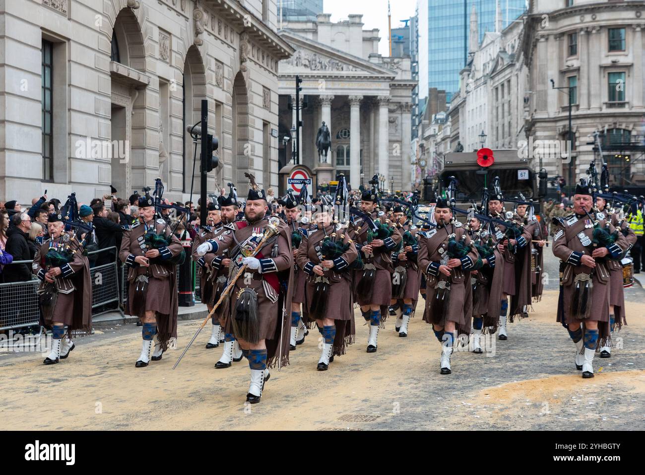 London Scottish Regiment Pipes & Drums at the Lord Mayor's Show parade 2024 in the City of London, UK. Historic, traditional event. Stock Photo