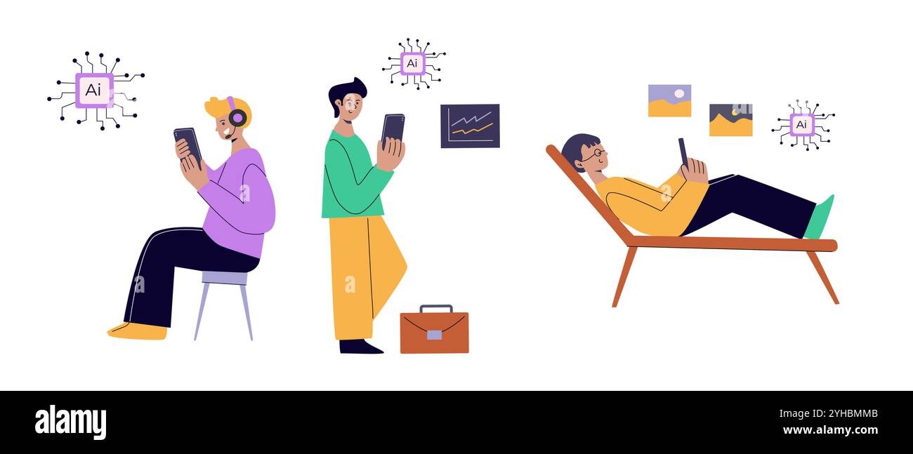 Artificial intelligence concept with people. Flat vector illustration. Person using ai technology for work. Collaboration with ai robotic program. Art Stock Vector
