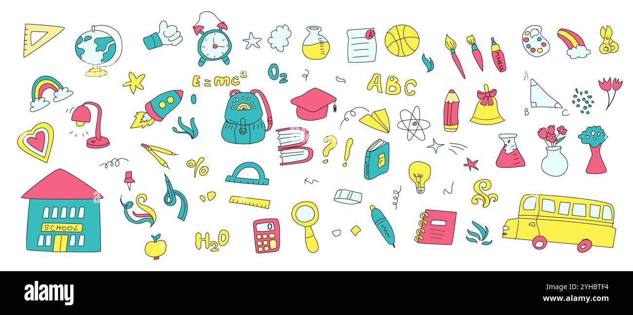 Childrens school doodle elements set. Education stationery supplies ...