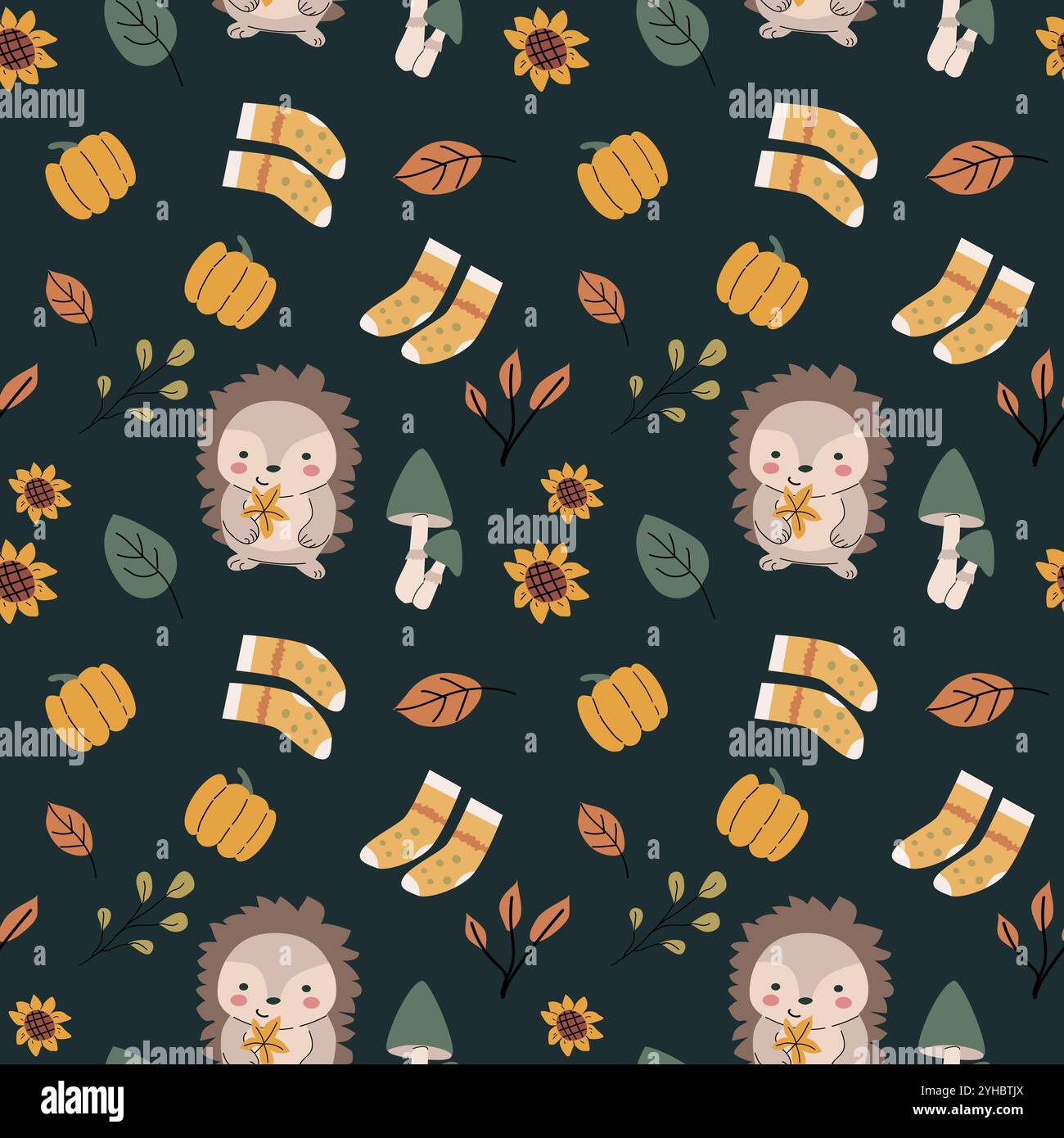 Autumn fall thanksgiving day seamless pattern with leaves, pumkins ...