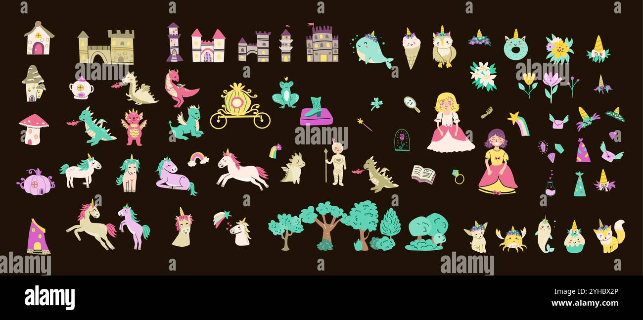 Childrens fairy characters and magic element set. Collection of funny unicorns with princess, castle, knight, dragon, falling star, fairy animal with horn. Fantasy world clipart elements, sticker pack Stock Vector