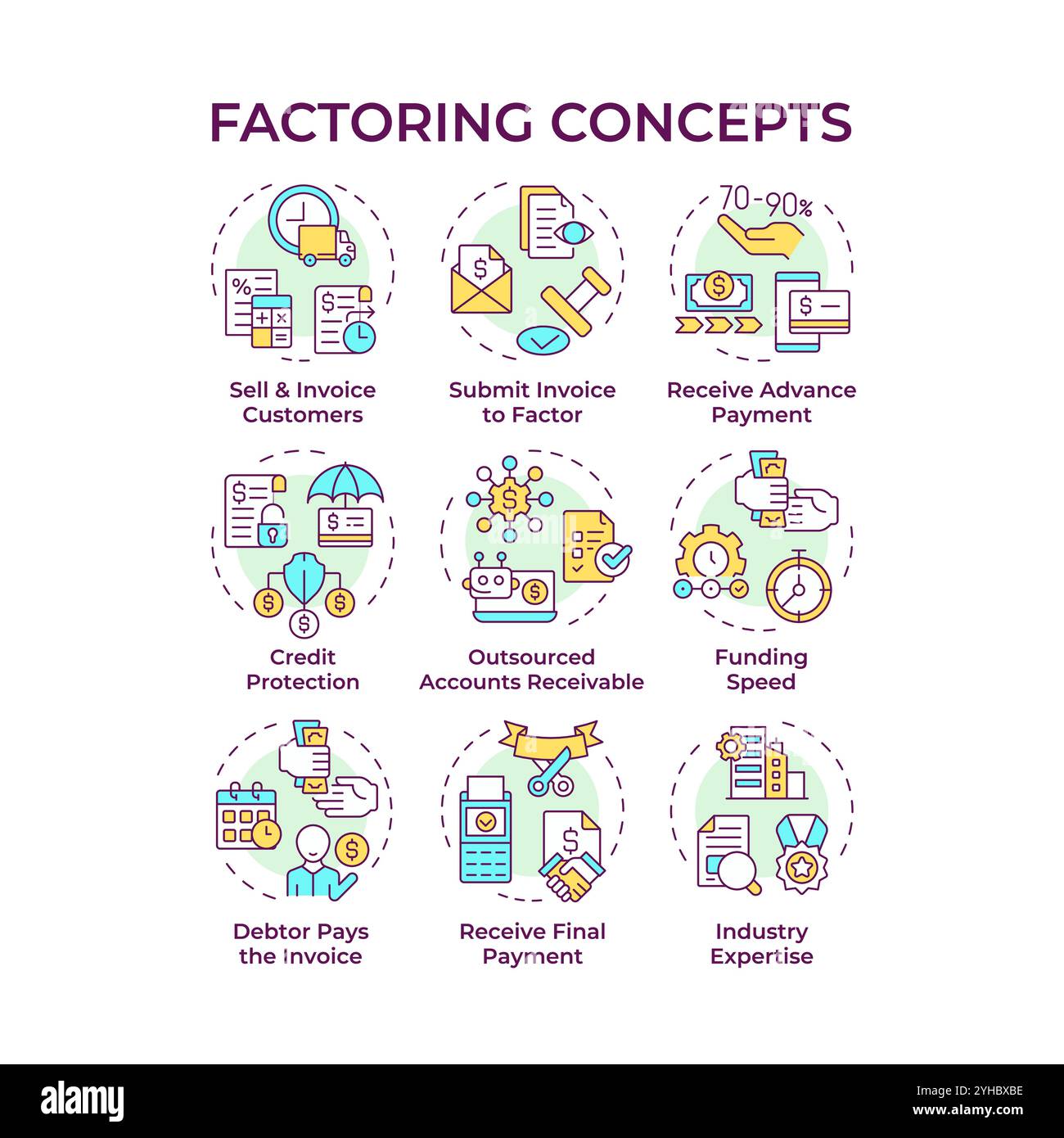 Factoring multi color concept icons Stock Vector
