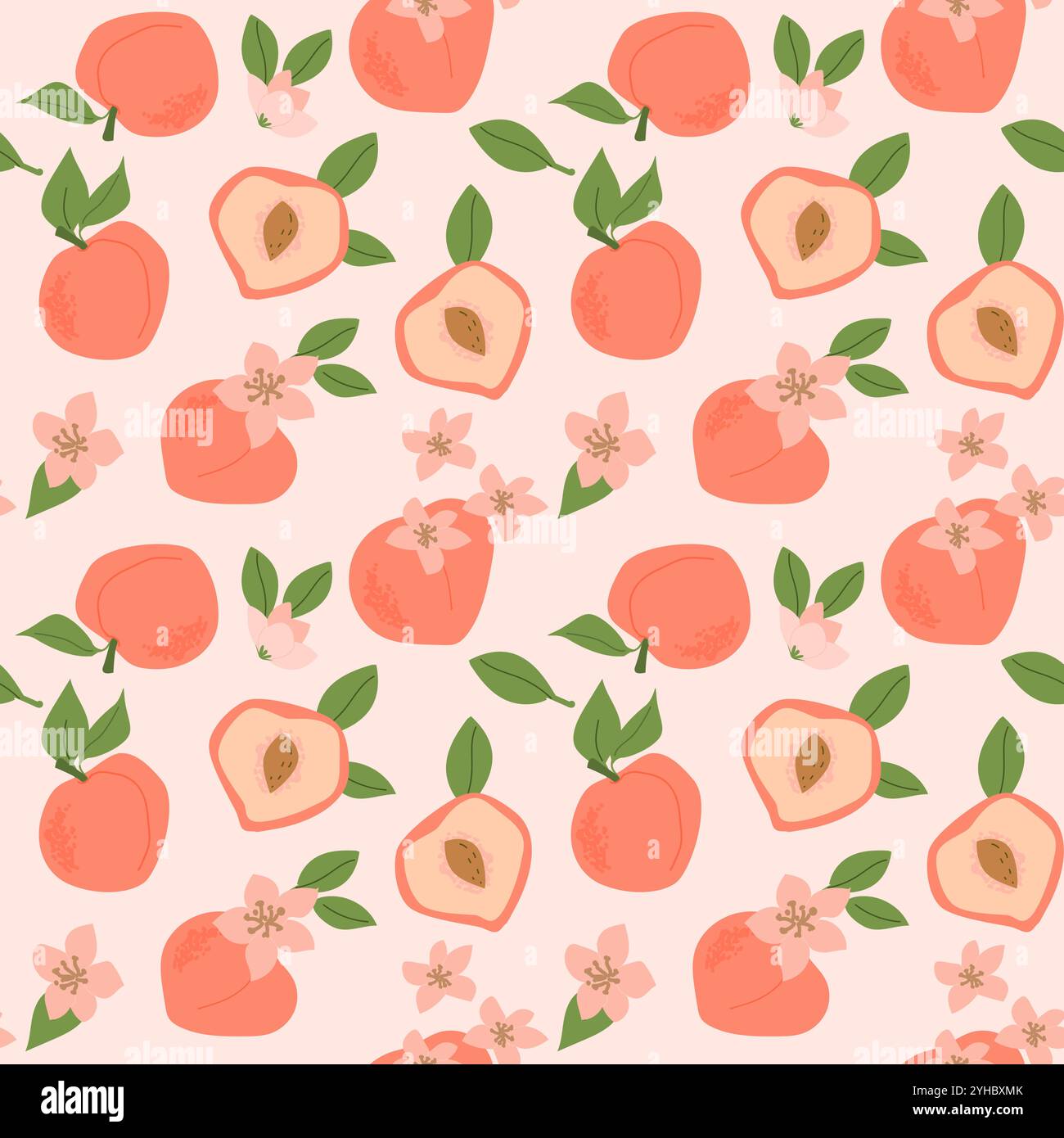 Hand drawn abstract fruit peach pattern with plant parts and sliced food. Seamless pattern for textile, wrapping paper, posters. Fashion textures. Stock Vector