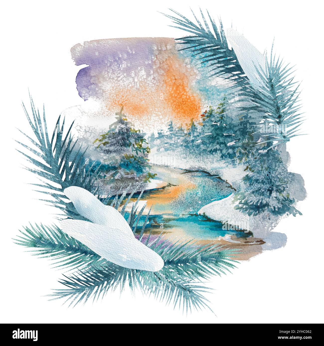 Watercolor illustration of a beautiful winter landscape, fir trees in ...