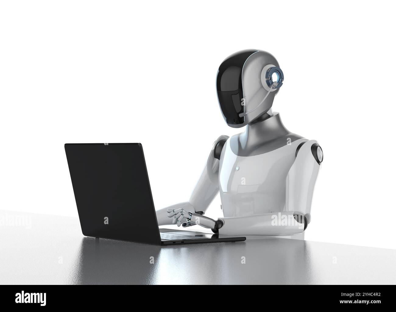 3d rendering humanoid robot or ai cyborg with laptop computer isolated ...