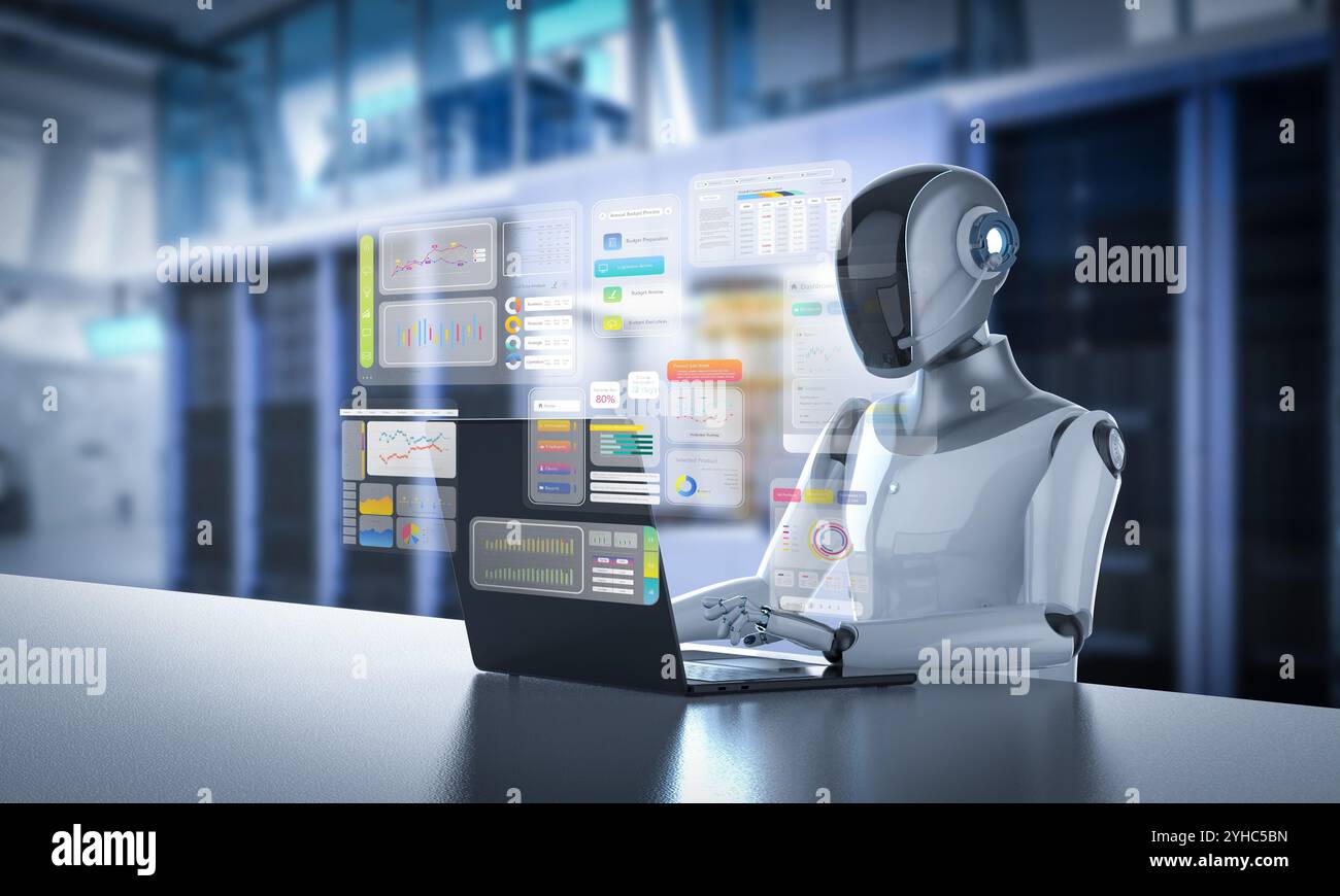 Automation server with 3d rendering humanoid robot working in server ...