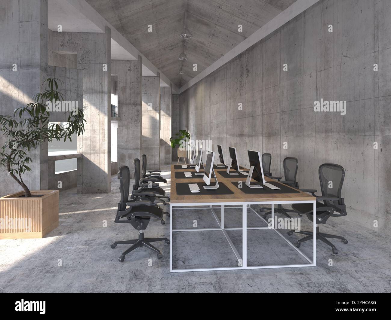 A sleek, office room with a minimalist design, and large concrete ...