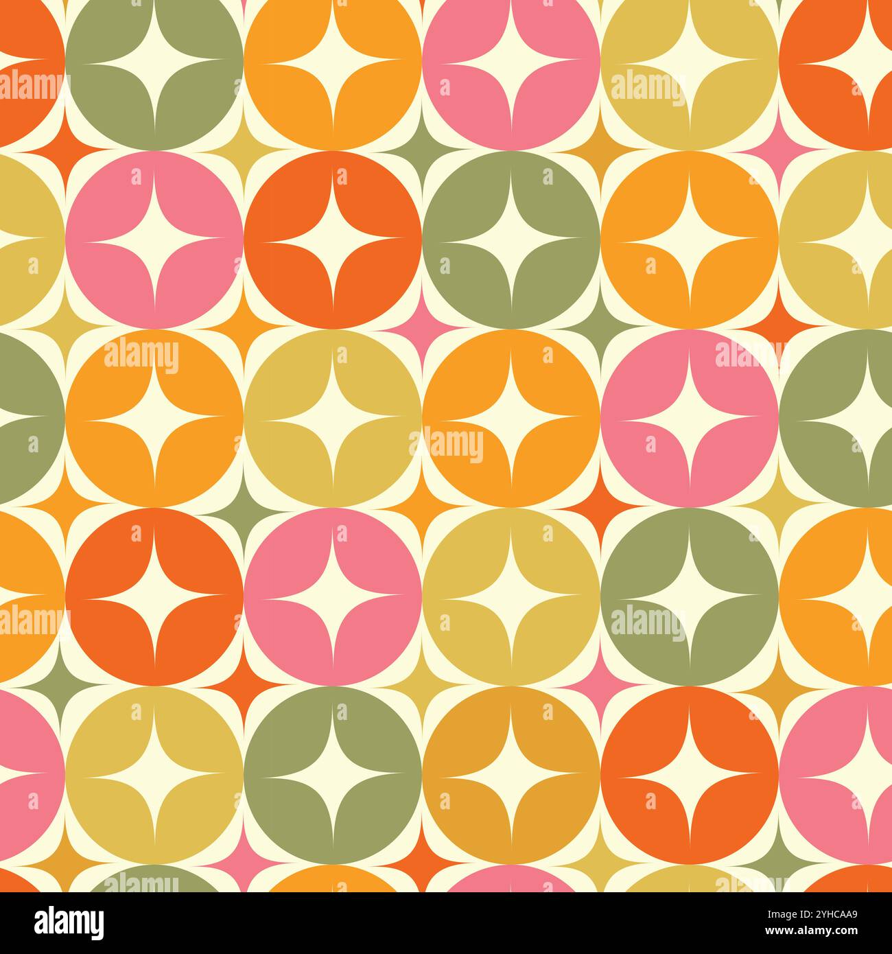Mid century modern retro starburst on colorful circles in yellow, green, red and orange seamless pattern. For textile, home décor and fabric Stock Vector