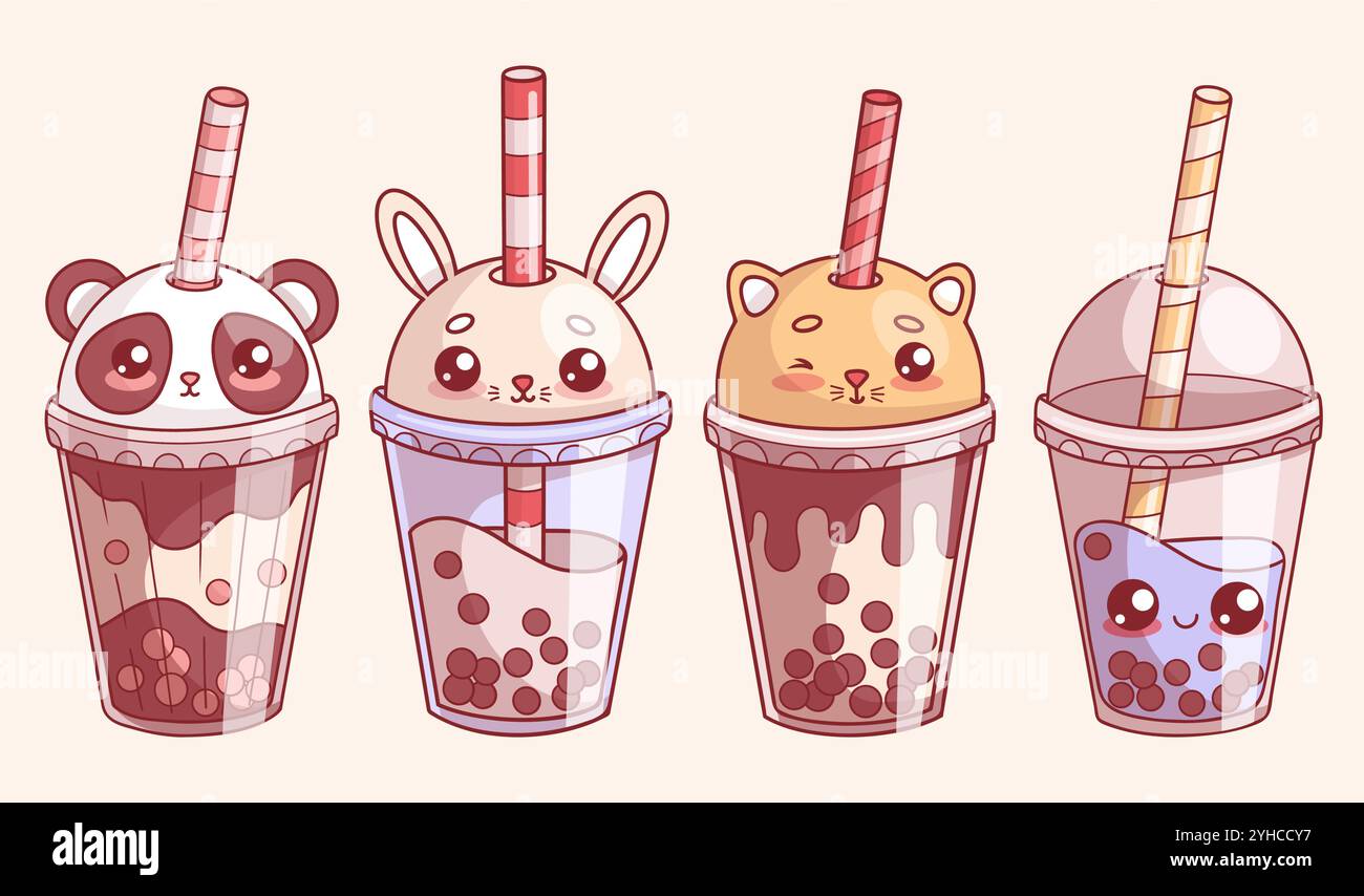 Cute animals glass drink of Bubble Tea. Isolated funny cartoon kawaii ...