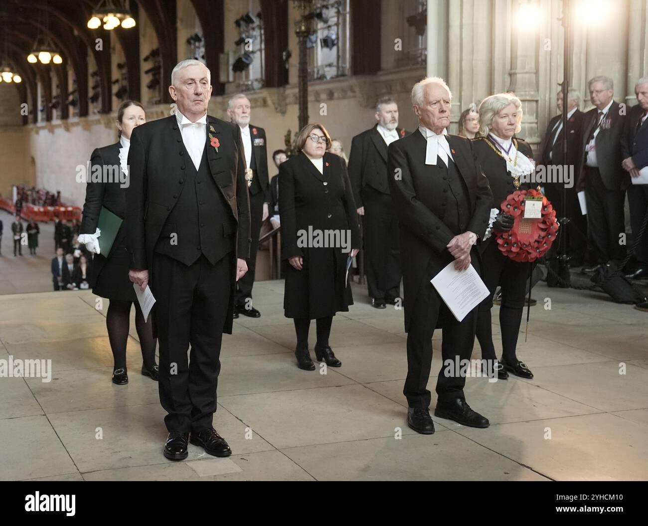 Speaker of the House of Commons Sir Lindsay Hoyle and Speaker of the House of Lords, Lord McFall of Alcluith, during a ceremony to mark Armistice Day in Westminster Hall, London. Picture date: Monday November 11, 2024. Stock Photo