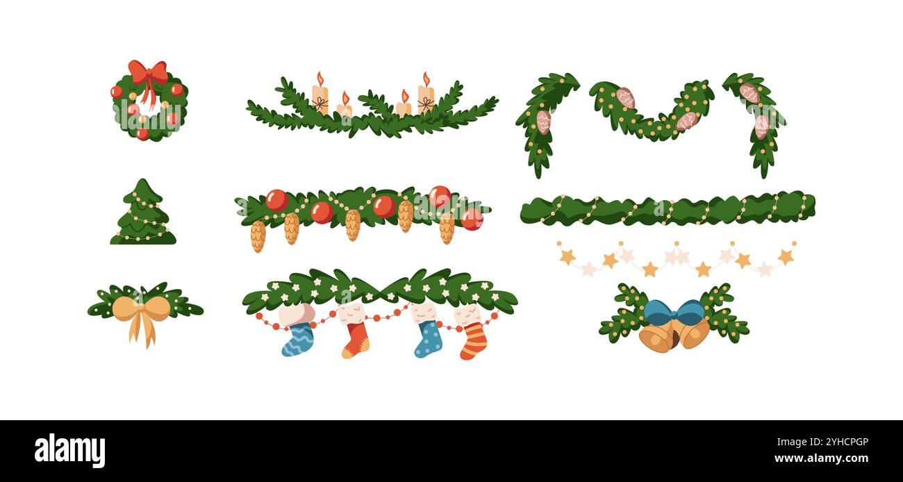 Christmas garlands with socks bells and fir branches flat color vector ...