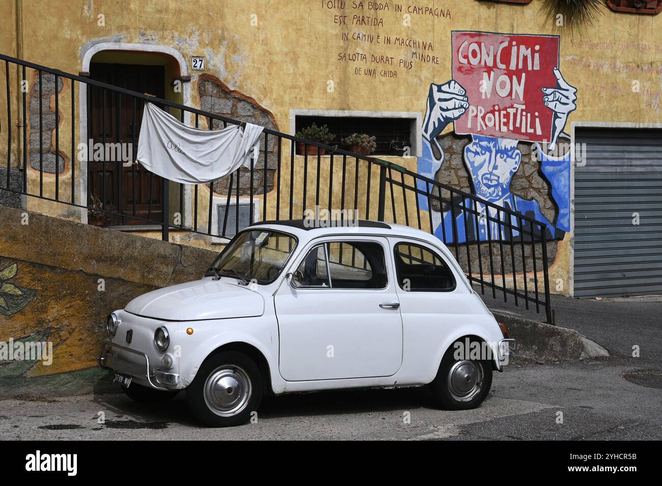Old Fiat 500 and mural in Orgosolo, Sardinia, Italy Stock Photo - Alamy