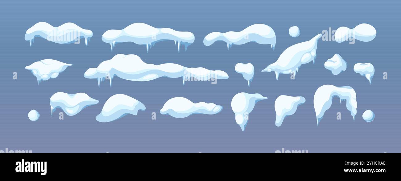 Snow caps snowballs and icicles flat color vector objects set. Christmas holiday decorations illustrations bundle on blue background Stock Vector