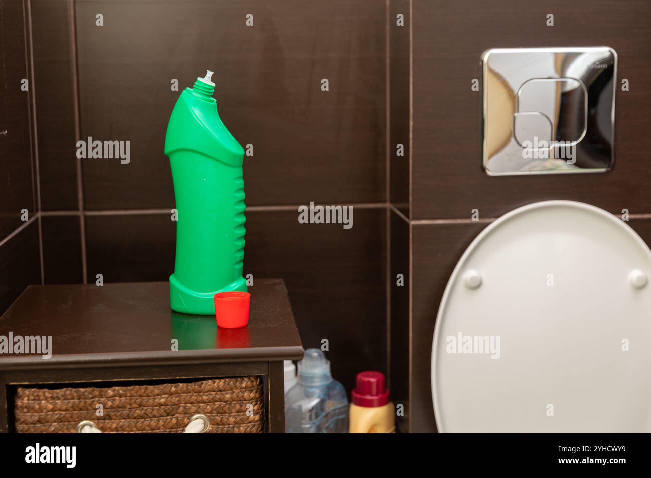 Essential Bathroom Cleaning Supplies for Effective Hygiene Maintenance, Including Toilet Area Stock Photo