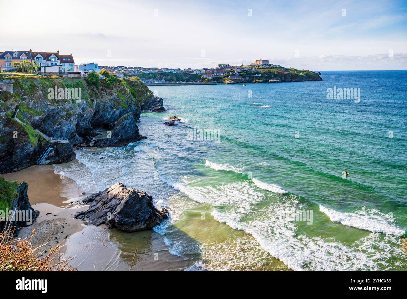 View northwest from central Newquay, across Great Western Beach towards the Headland.  Newquay, Cornwall, England, UK. Stock Photo