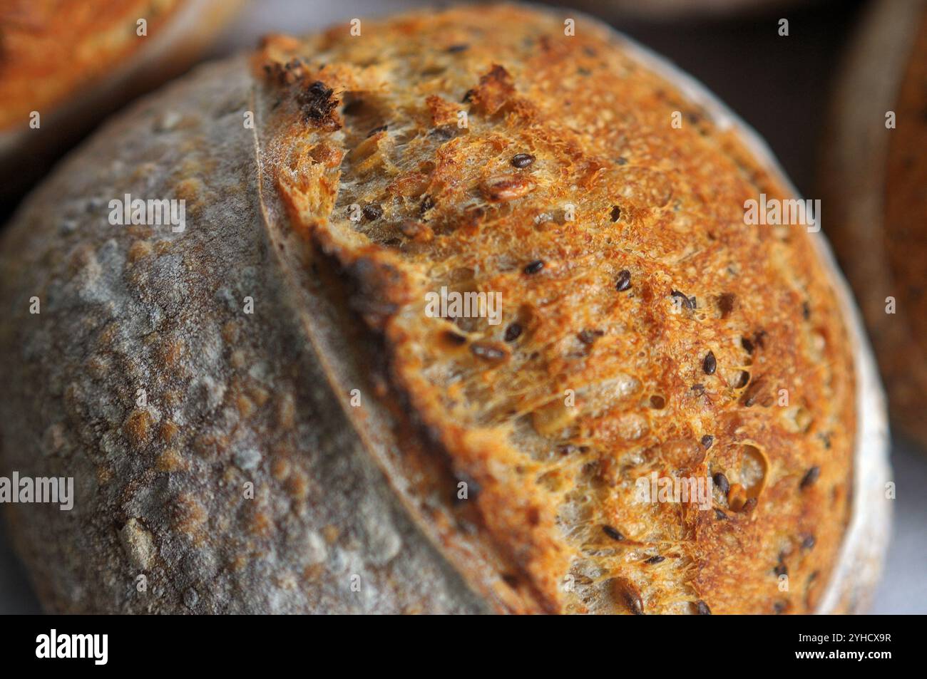 Closeup photo of crust with sesame seeds of home baked bread Stock ...