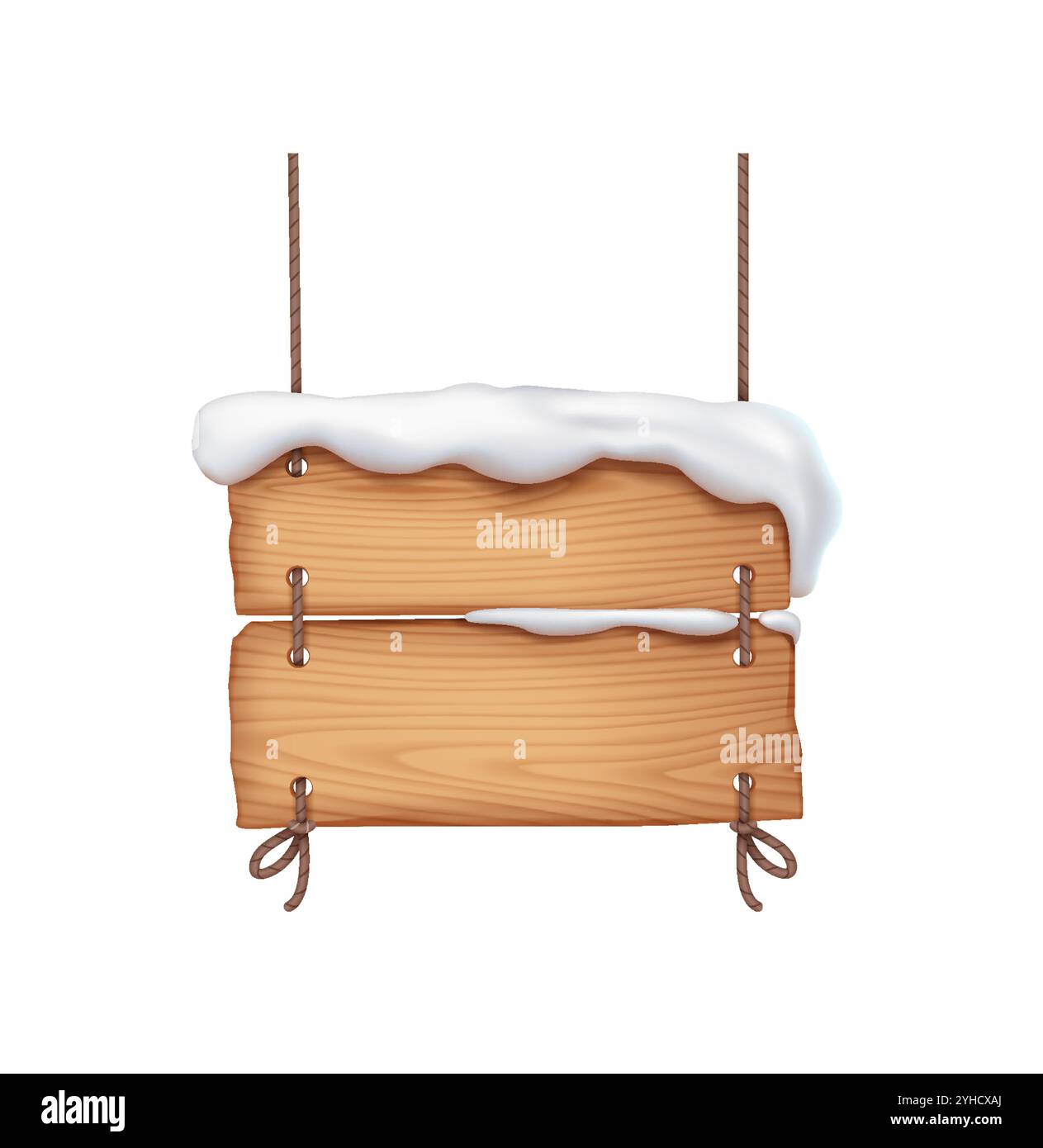 Board signpost covered with snow cap hanging on ropes realistic vector ...