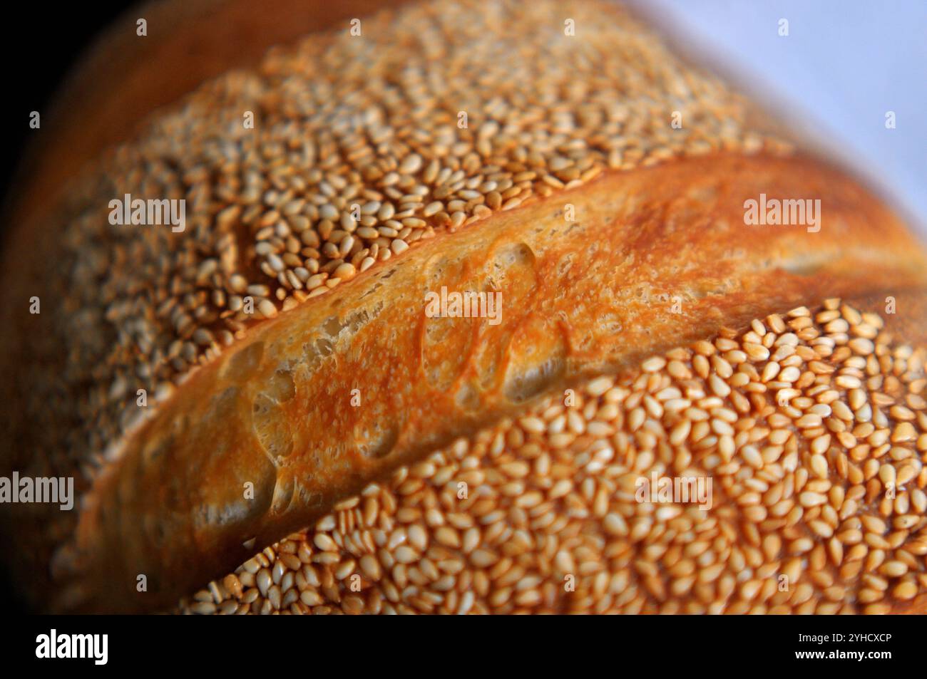 Closeup photo of crust with sesame seeds of home baked bread Stock ...