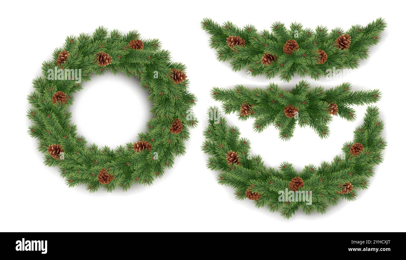 Wreath and garlands of fir branches realistic vector icons set ...