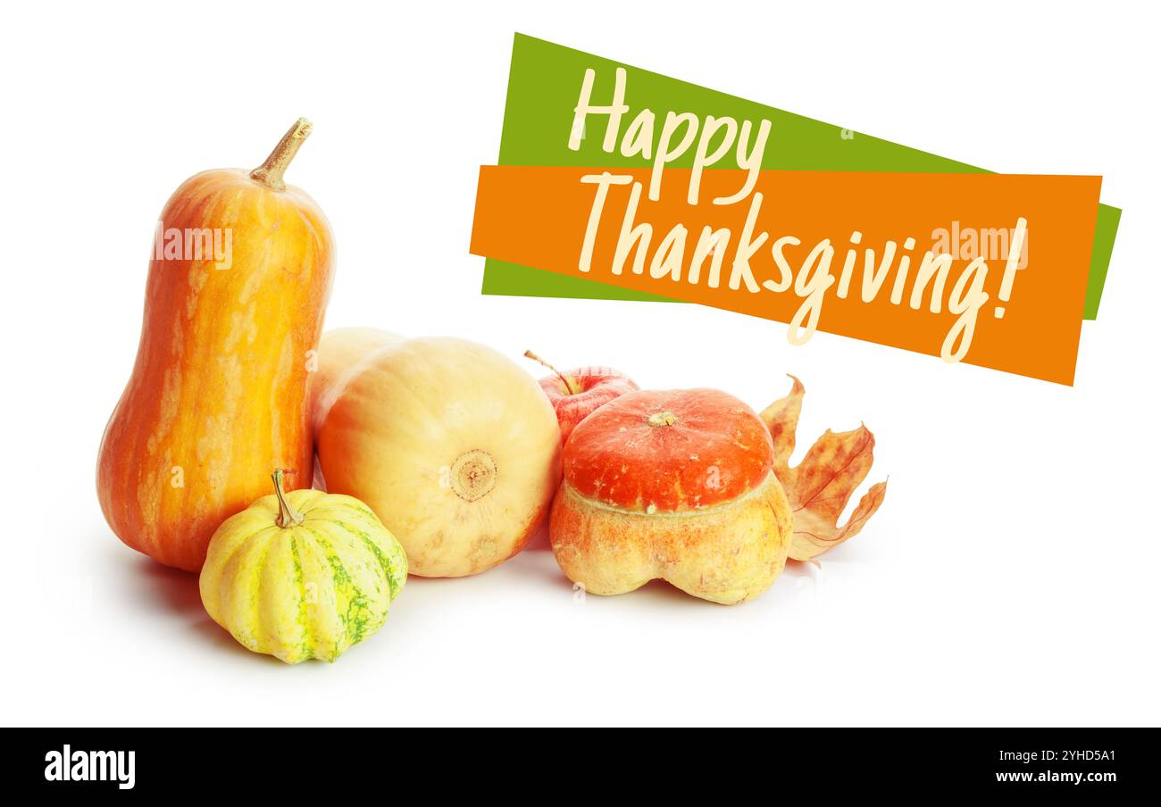 Happy Thanksgiving tag with autumn pumpkins Stock Photo - Alamy