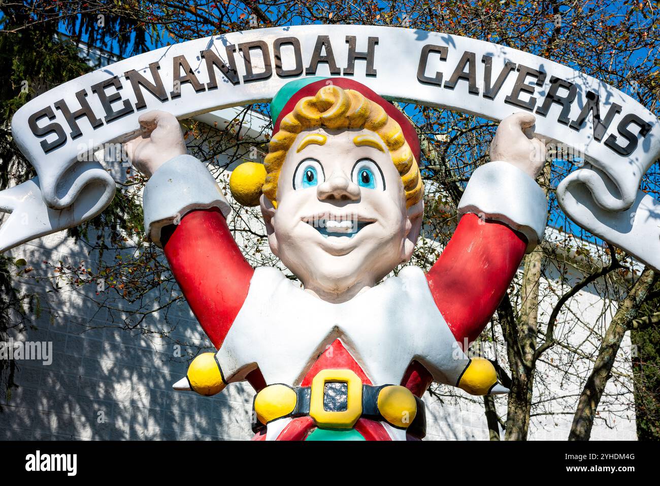 Shenandoah Caverns Pixie Mascot Quicksburg Virginia // QUICKSBURG, Virginia — The Pixie statue at Shenandoah Caverns serves as the cave's official mascot. Introduced during Earl C. Hargrove Jr.'s ownership period starting in the 1960s, the Pixie became part of the caverns' family-friendly visitor experience. The mascot represents one of several additions made to enhance guest experiences at the historic cave attraction. Stock Photo