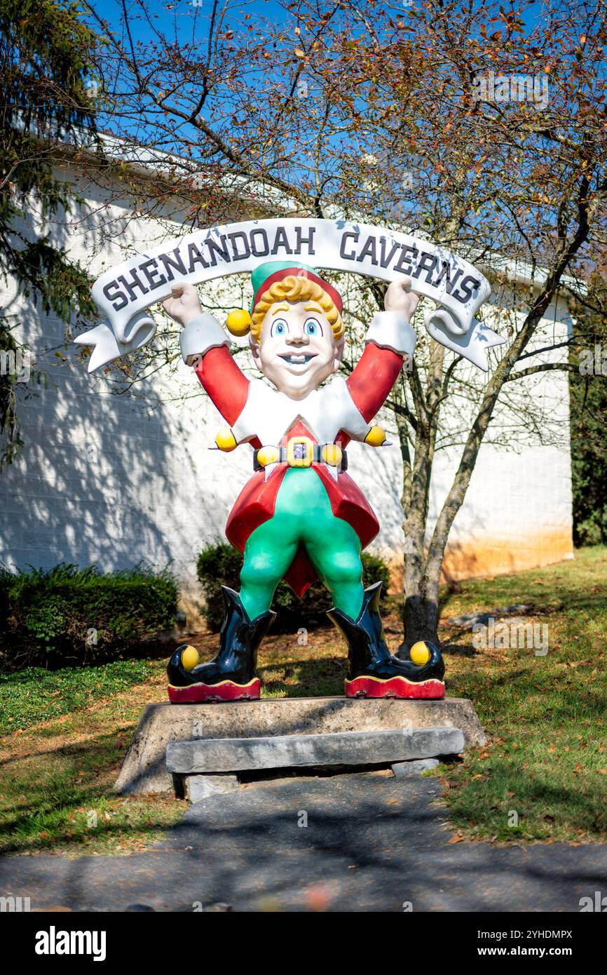 Shenandoah Caverns Pixie Statue Quicksburg Virginia // QUICKSBURG, Virginia — The Pixie statue at Shenandoah Caverns serves as the cave's official mascot. Introduced during Earl C. Hargrove Jr.'s ownership period starting in the 1960s, the Pixie became part of the caverns' family-friendly visitor experience. The mascot represents one of several additions made to enhance guest experiences at the historic cave attraction. Stock Photo