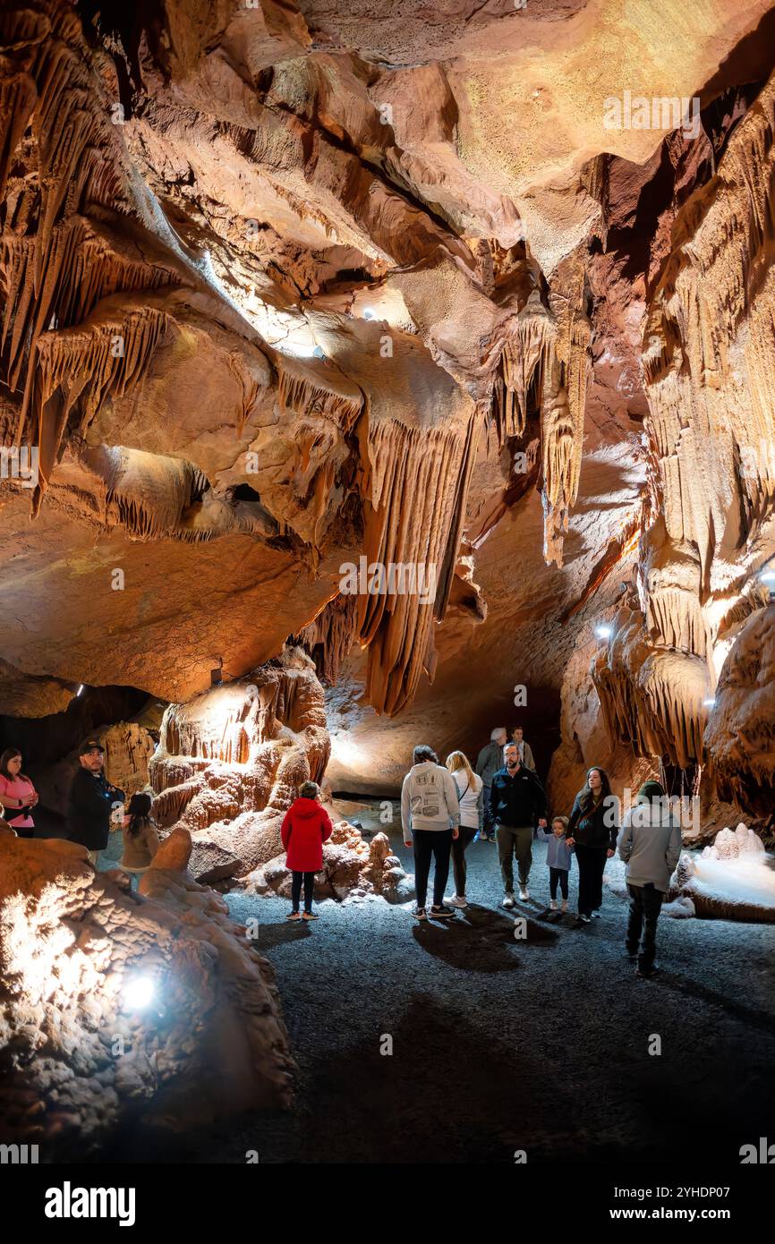 Shenandoah Caverns Cave Formations Quicksburg Virginia // QUICKSBURG, Virginia — Shenandoah Caverns, discovered in 1884 during railroad quarrying operations on Abraham Neff's property, features extensive limestone cave formations accessible by elevator. The caverns, developed for tourism in 1922 by Hunter Chapman, remain the only show cave in Virginia with elevator access. The cave system showcases natural formations including stalactites, stalagmites, and flowstone throughout its developed passageways. Stock Photo