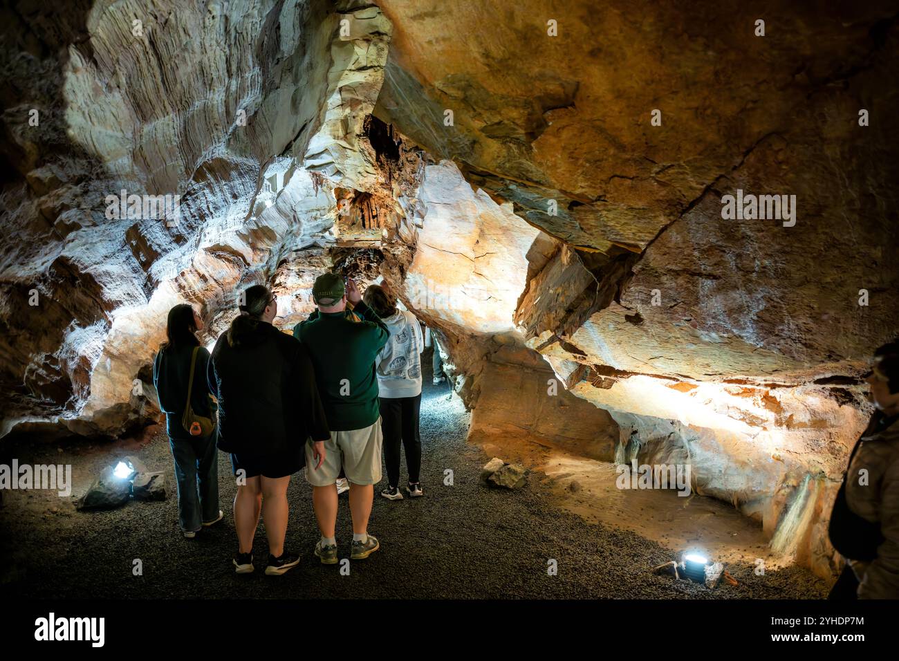 Shenandoah Caverns Cave Formations Quicksburg Virginia // QUICKSBURG, Virginia — Shenandoah Caverns, discovered in 1884 during railroad quarrying operations on Abraham Neff's property, features extensive limestone cave formations accessible by elevator. The caverns, developed for tourism in 1922 by Hunter Chapman, remain the only show cave in Virginia with elevator access. The cave system showcases natural formations including stalactites, stalagmites, and flowstone throughout its developed passageways. Stock Photo