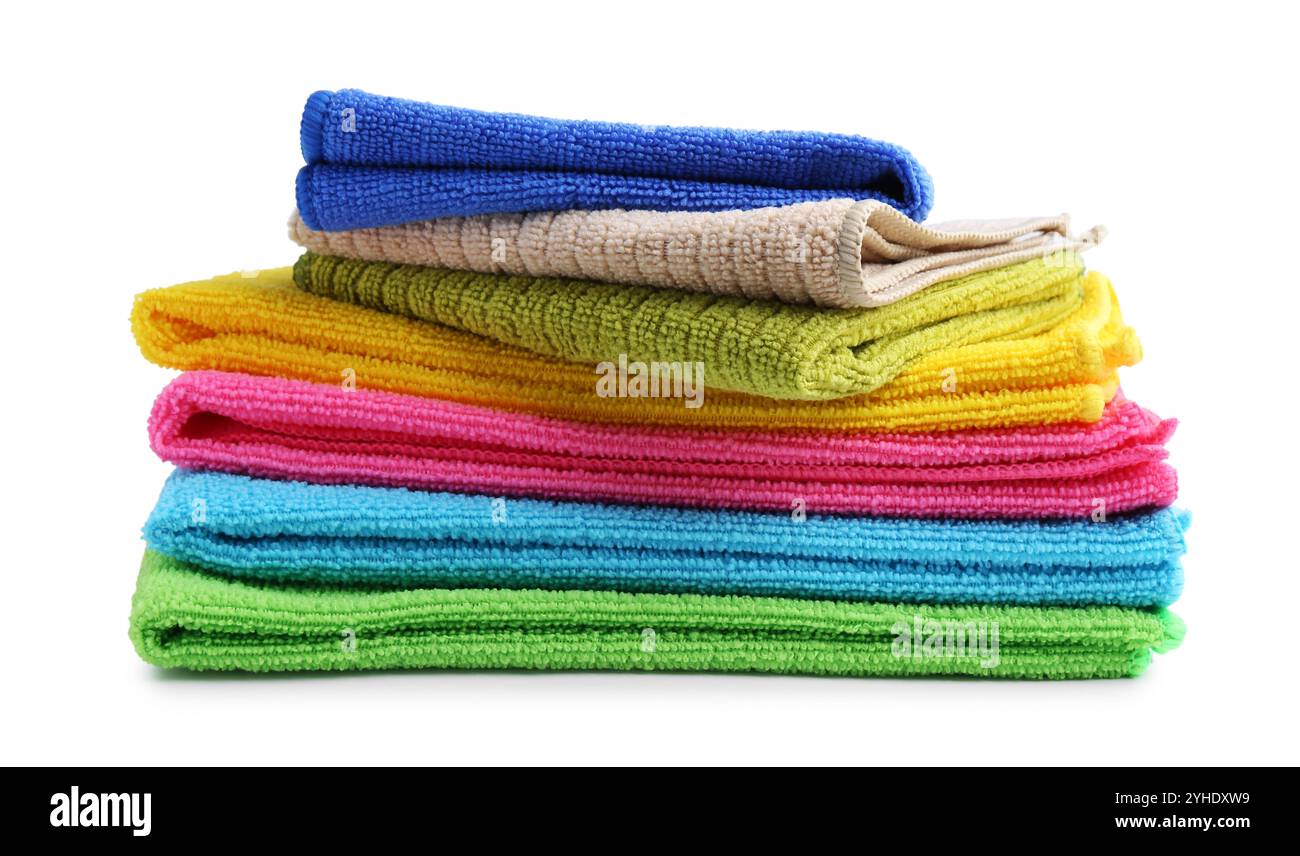 Stack different microfiber cloths isolated on white Stock Photo
