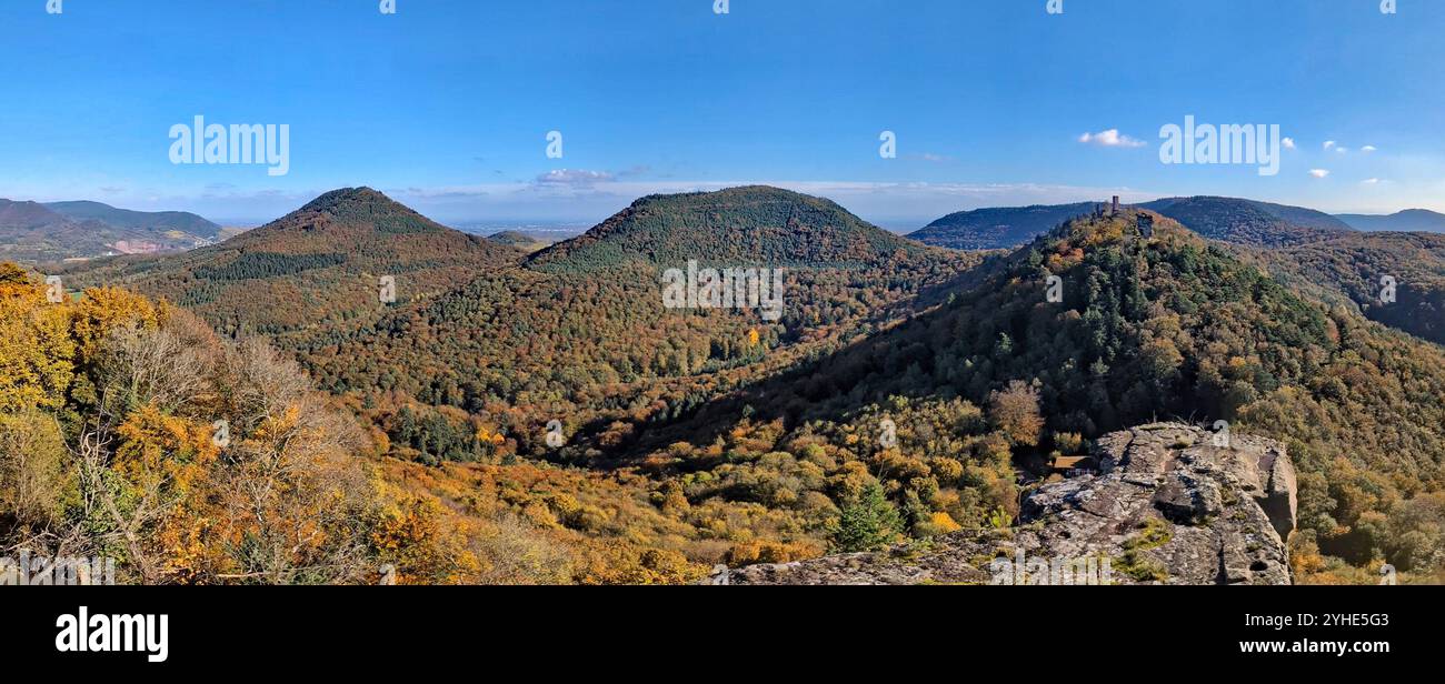 view over the colorful autumnal mixed forest and the hills of the southern palatinate in the afternoon sunlight Stock Photo