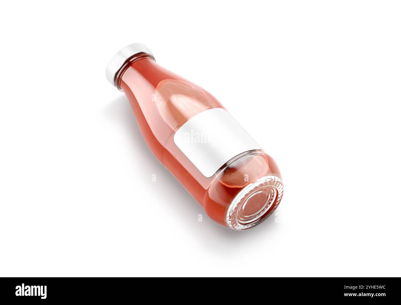 Blank transparent glass tomato juice bottle with white label mockup, 3d ...