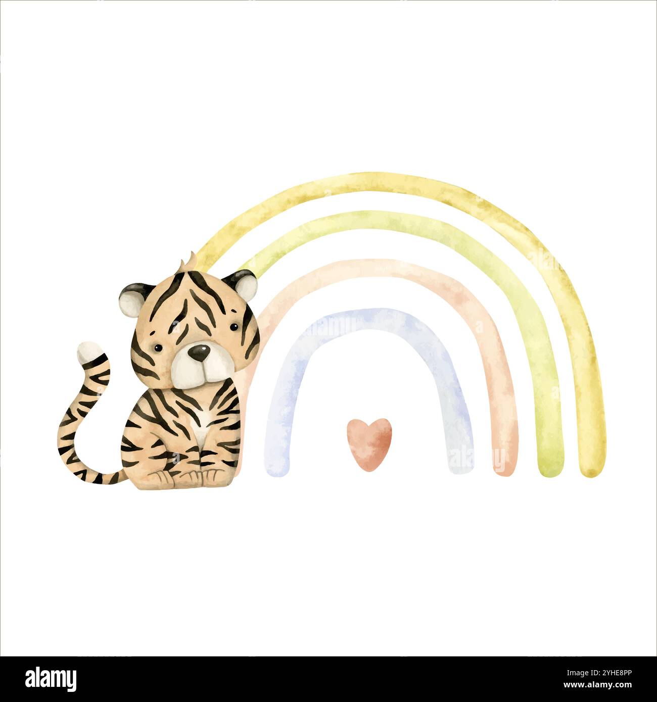 Safari watercolor hand-drawn illustration with baby tiger and rainbow ...