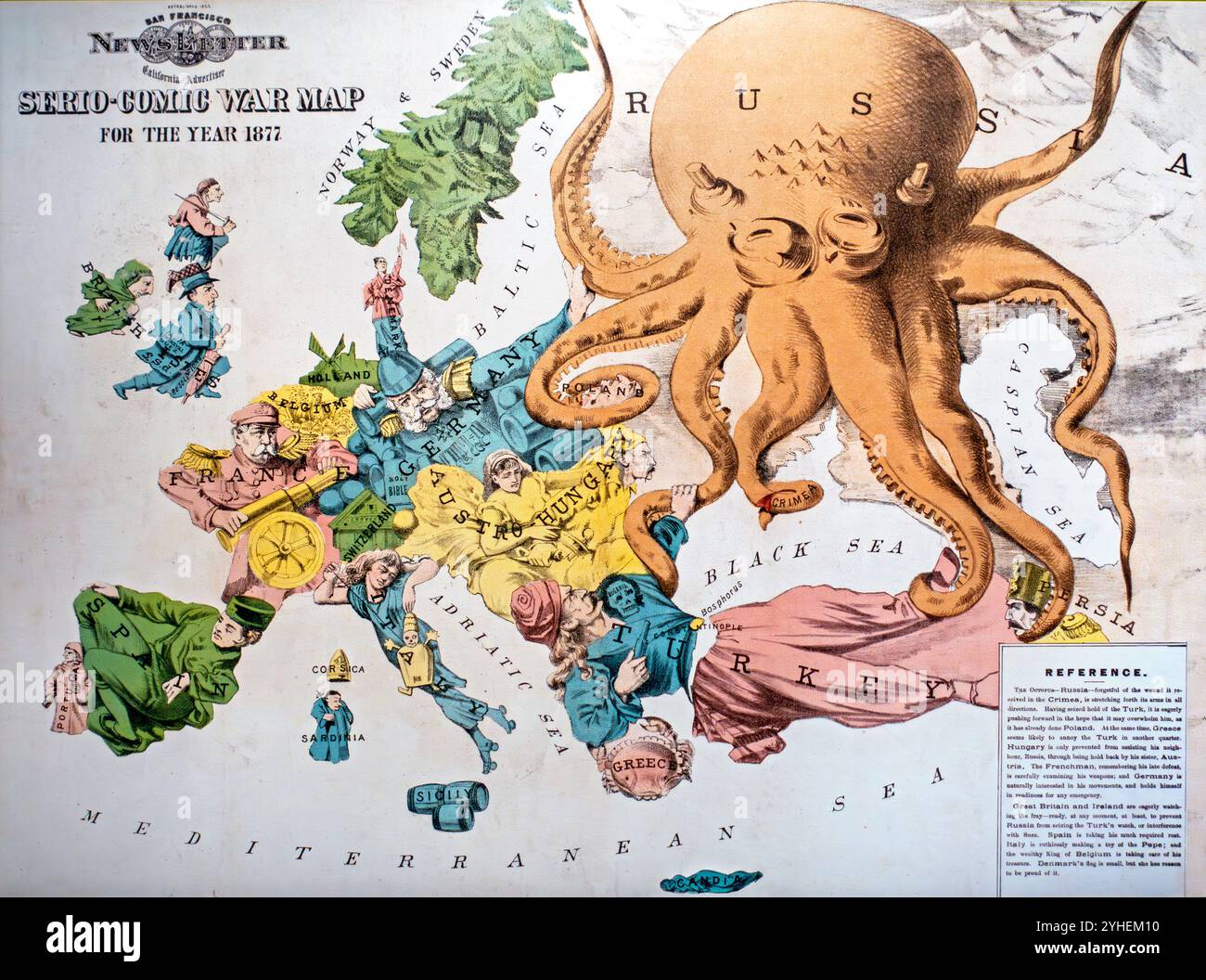 Serio-Comic War Map by Fred W. Rose, vintage cartoon map showing the political situation in Europe in 1877 Stock Photo