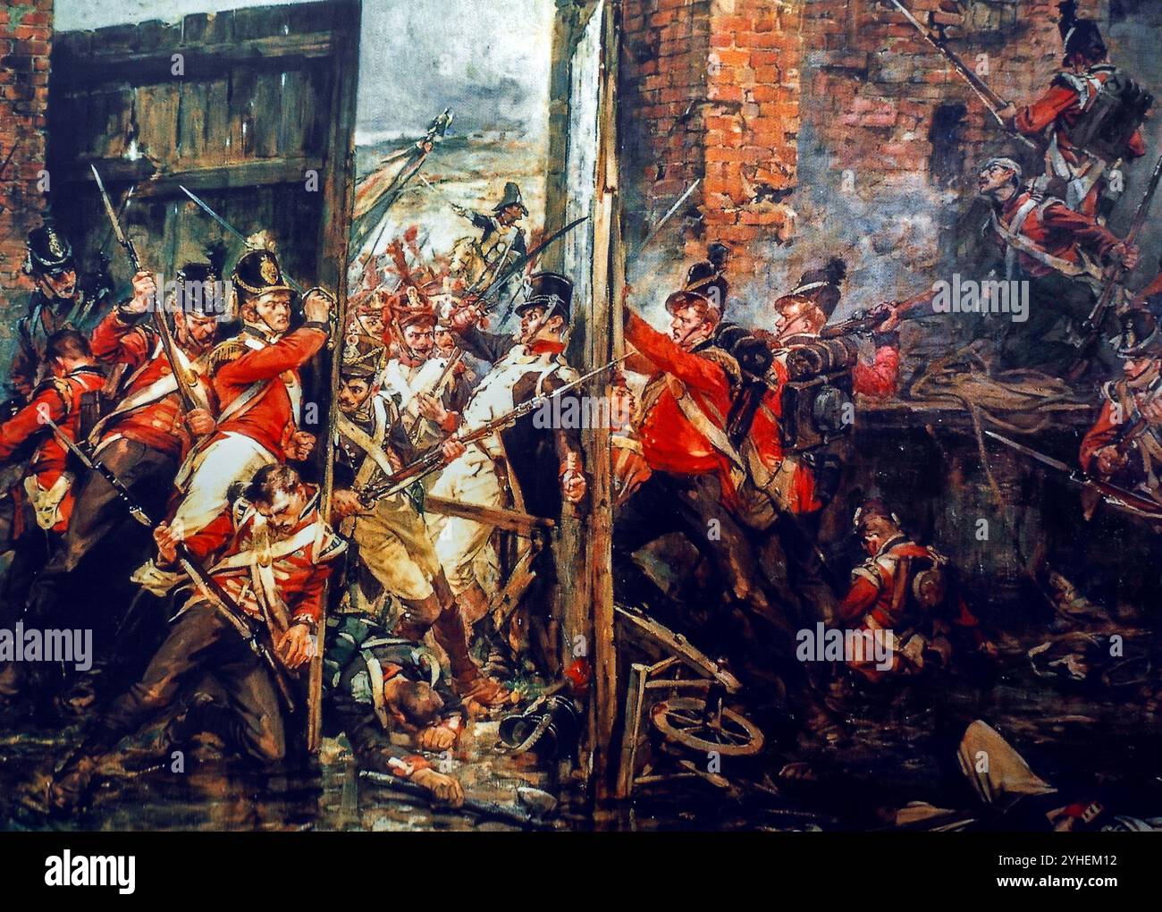 Closing the Gates of Hougoumont, 1903 painting about the 1815 Battle of Waterloo by the Scottish painter Robert Gibb Stock Photo